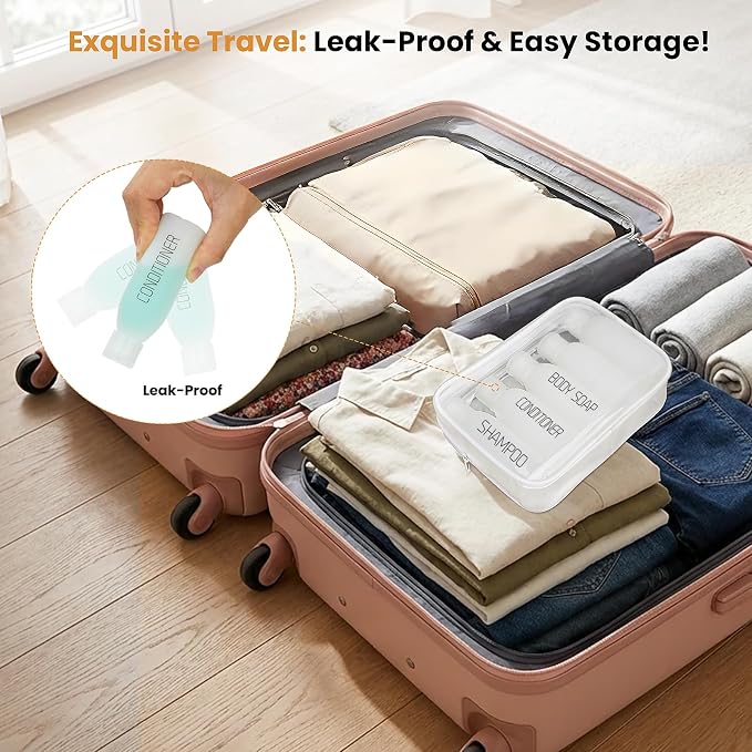 Cosywell 5 PCS 3.4oz Pre-Printed TSA Approved Travel Bottles for Toiletries | Preprinted with SHAMPOO, CONDITIONER and BODY SOAP, Soft Touch, HDPE Plastic, Leak Proof, Funnel, and a Toiletry Bag - Image 6