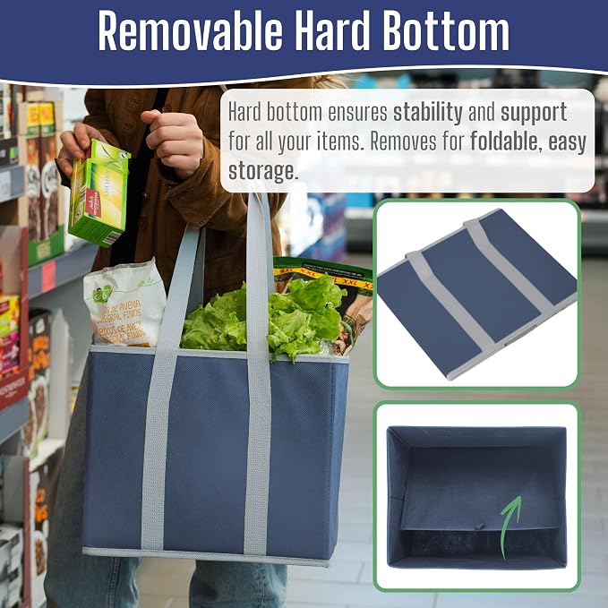 VENO 3 Pack Reusable Grocery Shopping Bags Utility Tote w/Sturdy Handles | Heavy Duty Storage Box with Hard Bottom, Foldable Picnic Basket for Groceries Shopping Cart Trunk Organizer(Blue, 6 Gallon) - Image 4