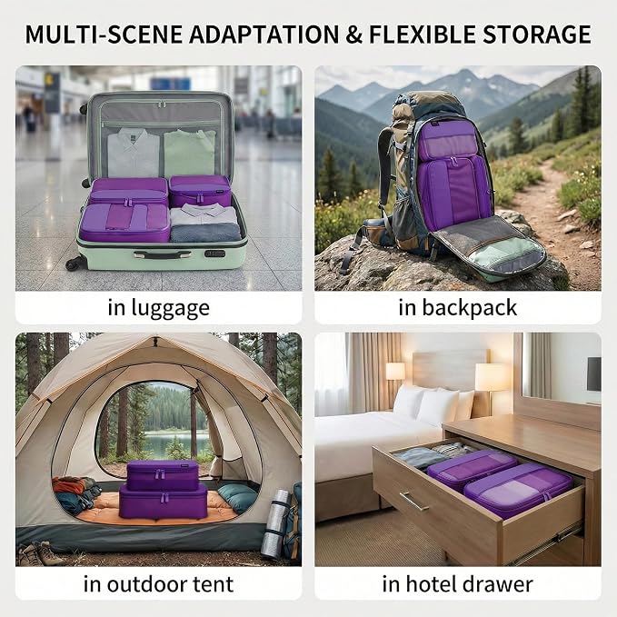 4 Piece Compression Packing Cubes for 3–7 Day Travel, Space Saving Travel Organizers with Breathable Mesh, Double-Zipper Packing Cubes for Carry-On & Suitcases (Purple) - Image 5
