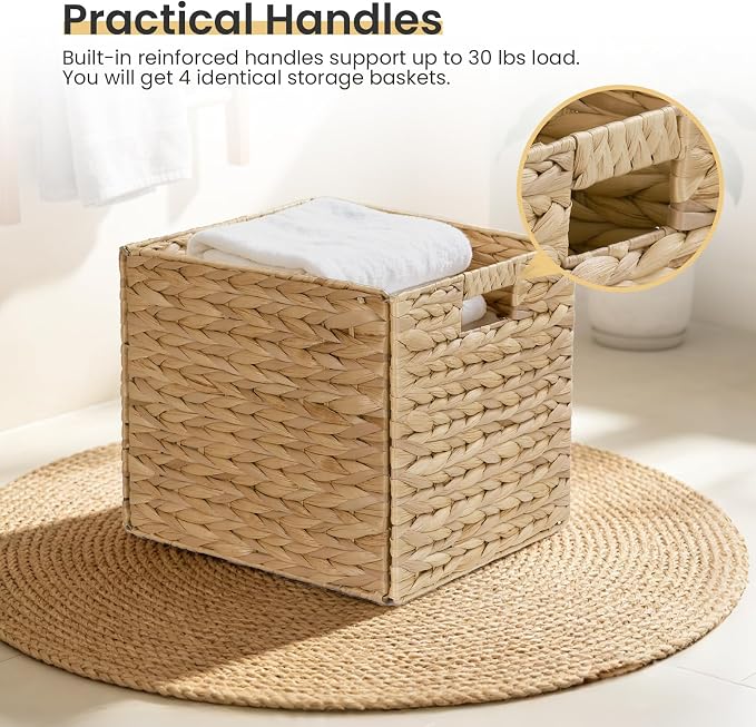 Rectangular Storage Baskets 13x11in, 4 Pack Water Hyacinth Wicker Bins with Handles, Foldable Natural Organizer for Shelves Kitchen Closet, Handwoven Storage Cubes - Image 8