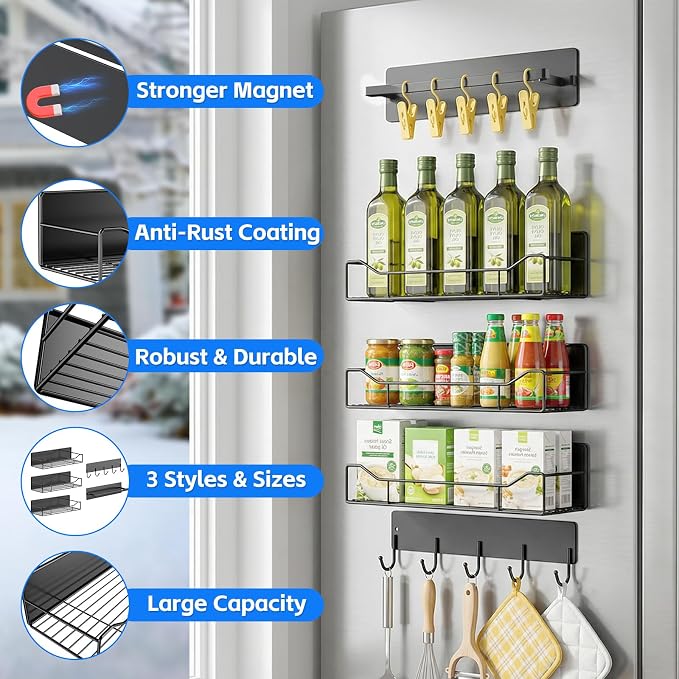 Magnetic Spice Rack for Refrigerator, 5 Pack Magnetic Fridge Organizer Shelves, Strong Magnetic Hold, No Drilling, Space Saving Storage Rack for Kitchen Spice Jars, Pantry & Refrigerator (Black) - Image 6