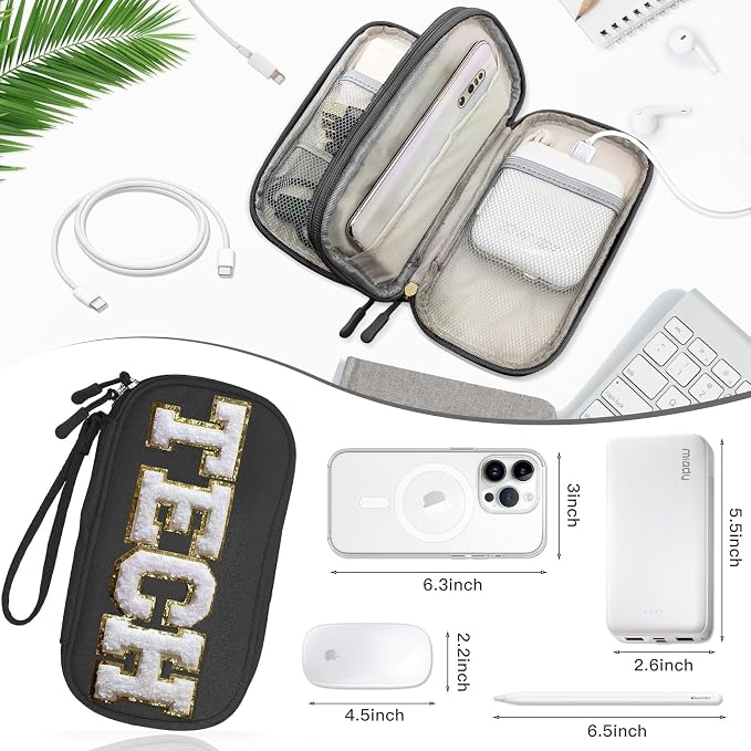COSHAYSOO Small TECH Pouch Electronics Organizer Travel Bag Personalized Valentines Traveling Gifts for Women, Charging Cords Phone Charger USB Cable Management Airplane Cruise Essentials Black - Image 4