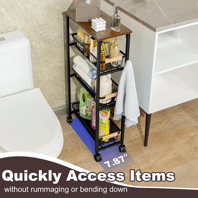 Narrow Rolling Cart with Wheels, 4-Tier Slim Metal Storage Cart with Pull-Out Baskets, 7.87 Inch Width Small Laundry Room Organizer Cart, Space-Saving for Kitchen, Bathroom - Image 6