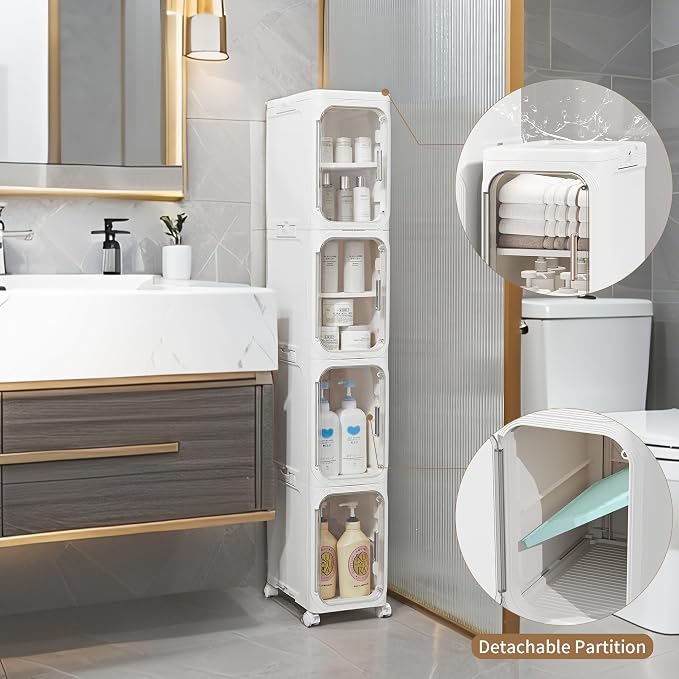 4-Tier Narrow Storage Cabinet Slim Bathroom Tall Skinny Organizer,White | Foldable Storage Cabinet with Lockable Rolling Wheels Magnetic Clear Door Adjustable Detachable Shelves For Narrow Space - Image 3