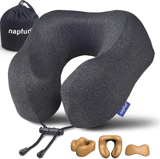 napfun Neck Pillow for Travel, Memory Foam Airplane Pillow, Full Black | 360° Neck Support, Upgraded 100% Memory Foam for Airplane, Car, Train, Bus, Office Sleep, Travel Essentials for Long Flights by NAPFUN