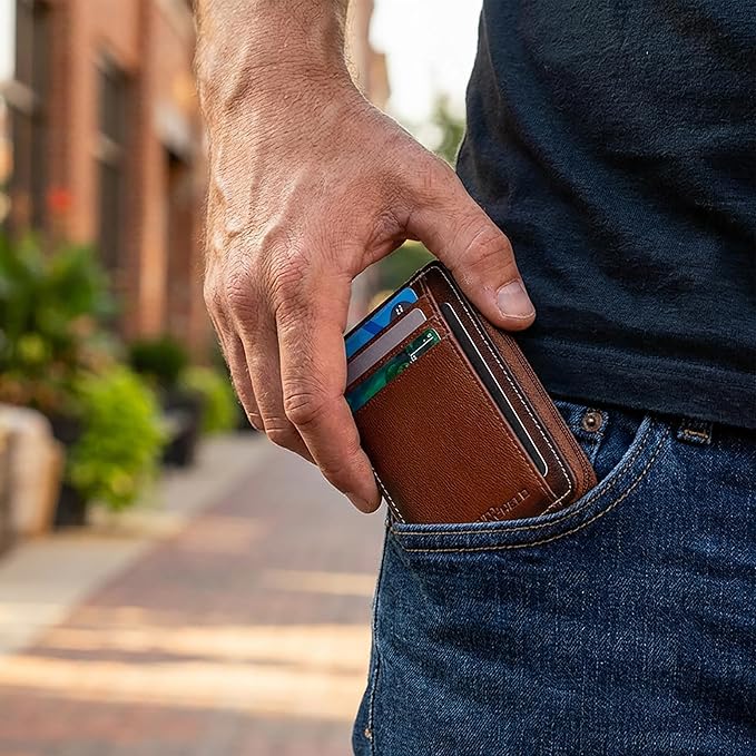 ID Stronghold RFID Blocking Front Pocket Wallet – Slim Minimalist Genuine Leather Wallet with Zipper Coin Pocket (Antiqued Brown) - Image 5
