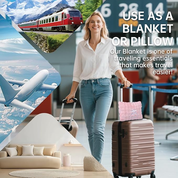 Travel Blanket and Pillow-2-in-1, Ultra-Soft&Compact, Airplane Blanket with Hand Luggage Belt and Backpack Clip,Travelers Accessories Gifts, 61x43 Inches(Pink - Image 3