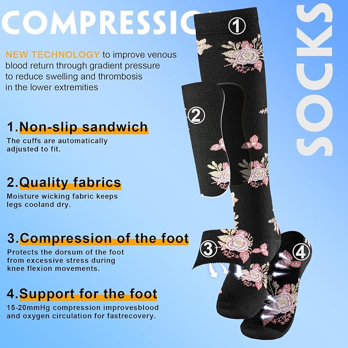 cerpite Compression Socks for Women & Men 6 Pairs Knee High Compression Socks 20-30 mmhg Best for Running,Nurse,Travel - Image 3
