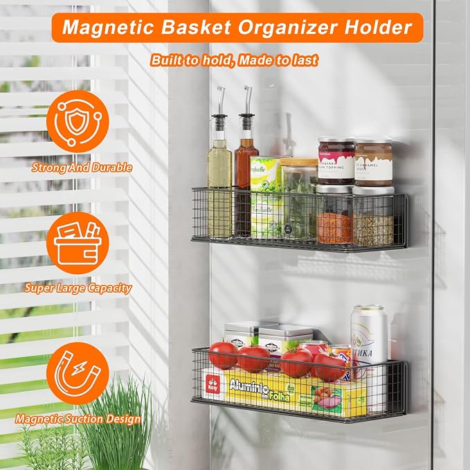 2Pack Magnetic Basket Organizer Holder for Fridge | Magnetic Storage Bin Box Containers, For Refrigerator Whiteboard Classroom - Image 3