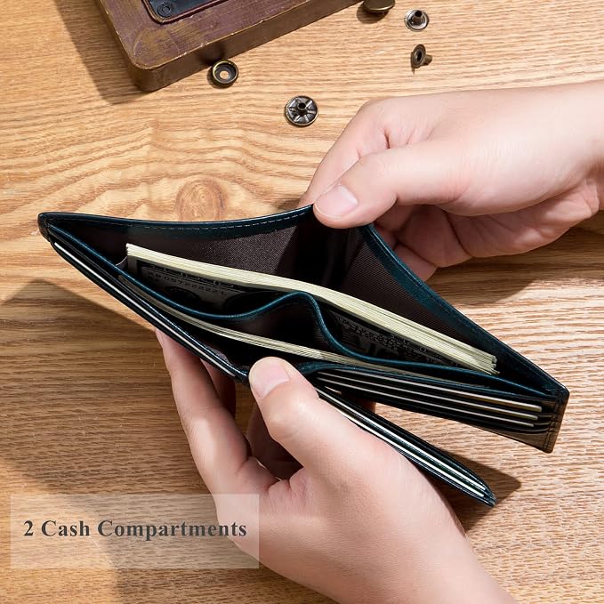 BULLCAPTAIN RFID Wallets for Men,Genuine Leather Wallet QB-05(Peacock Blue) | Slim,Bifold,Front Pocket Wallet, 2 ID Windows,11 Card Slots,RFID Blocking Technology,Gift Choice - Image 5