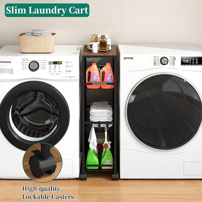 4-Tier Slim Utility Rolling Laundry Cart with Wheels, Easy to Assemble | 9.1" Wide for Narrow Spaces, Wood Top with Metal Frame, Mobile Storage Shelves for Bathroom, Kitchen, Office - Image 3