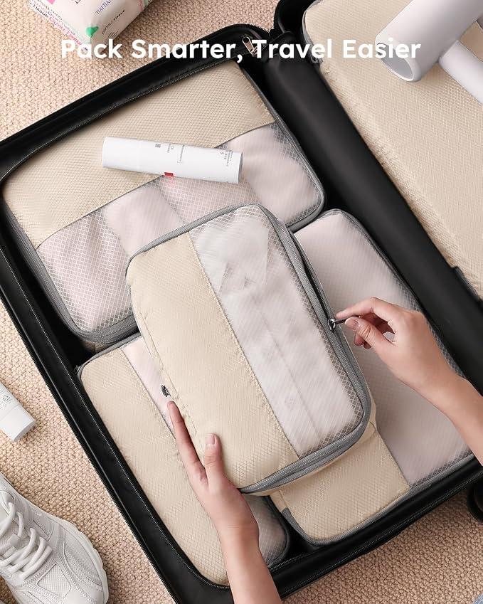 6 Set Compression Packing Cubes for Travel, Bonus Versatile Drawstring Backpack, Lightweight Luggage Organizer Bags, Sturdy Travel Accessories for Suitcase, Beige - Image 6