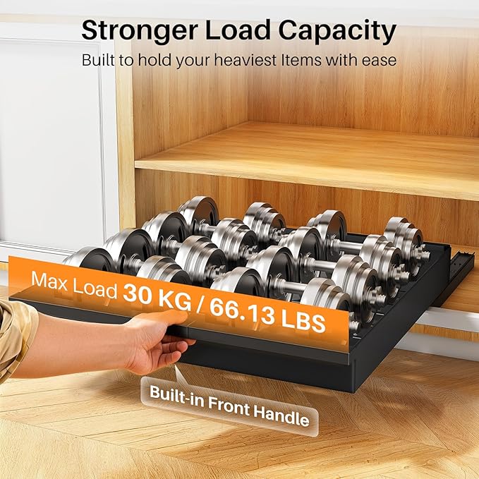 Pull out Cabinet Organizer, 2-Pack Expandable(13.6"-24") Silde out Drawers with Raising Pad for Framed Cabinets, Adjustable Full-Extension Adhesive Roll out Shelves for Kitchen Pantry Home Pot and Pan - Image 4