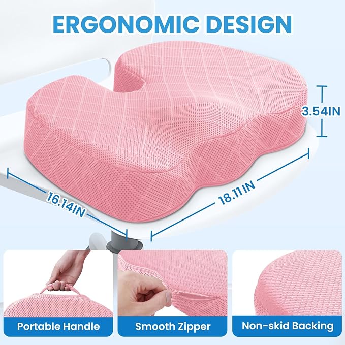 Seat Cushion, Memory Foam Office Chair Cushion - Pink, X-Large | for Car Seat, Airplane, Desk Chair - Sciatica & Hip & Coccyx Pain Relief Cushion for Long Sitting Office Workers, Car Drivers - Image 2