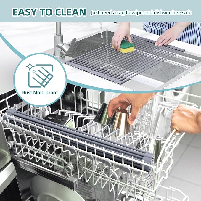 Ohuhu Dish Drying Rack Over The Sink, Roll Up Sink Rack 20.5" W x 13.1" L Rolling Dish Drainer Foldable Accessories Heat-Resistant Mat Anti-Slip Silicone Coated for Kitchen Counter - Image 7