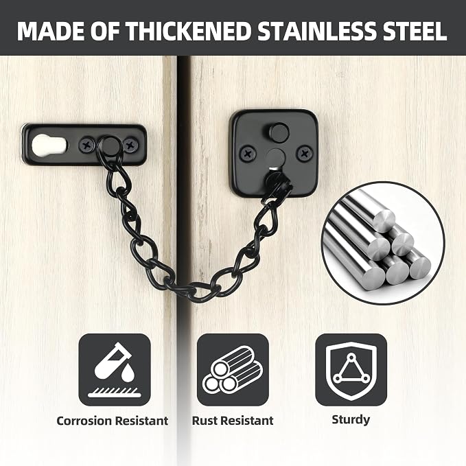 Mooche Door Chain Lock, Chain Door Lock with Spring Anti-Theft Press Lock | Thickened Stainless Steel Door Latch Guard with Screws for Interior Outdoor Toilet Barn Fence Garage (Black) - Image 6