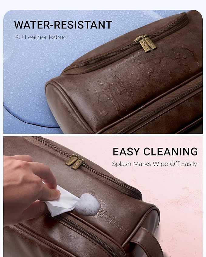 Elviros Hanging Toiletry Bag PU Leather Shaving Kit (Extra Large, Coffee) | Water-Resistant Travel Organizer with Hanging Hook for Toiletries, Shaving Tools, Grooming Items, and Daily Storage - Image 5
