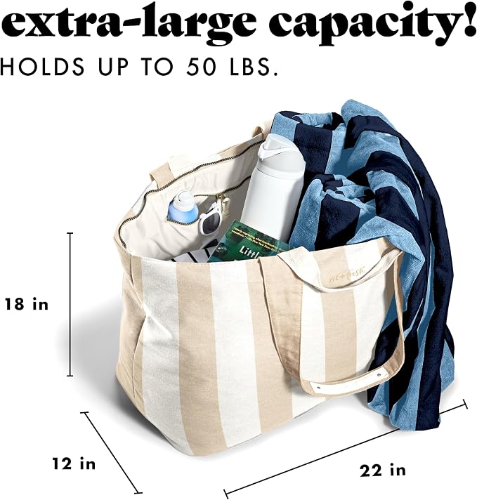 Fit & Fresh All The Things XL Beach Bag for Women, Oversized Travel Tote | Zip Closure, 3 Interior Pockets, 1 Large Zip Pocket, Dual Carry Handles, Canvas Weekender - Pool, College, Laundry, Groceries - Image 3