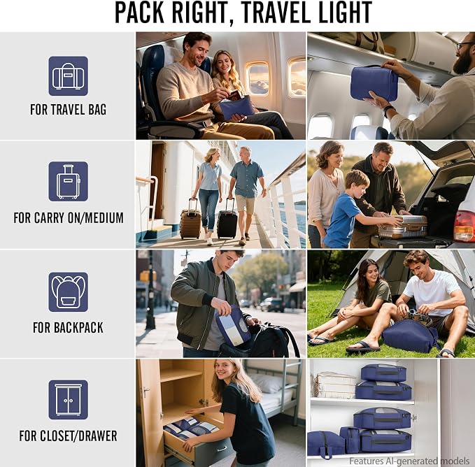 Veken 8 Set Packing Cubes for Travel Essentials,Anti-Wrinkle Buckled Suitcase Organizer for Shoe & Toiletry Bag,Carry On Luggage Bag with 99+ Count Mesh Holes for Airplane & College Dorm Accessories - Image 8