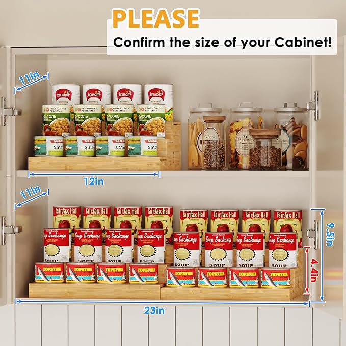 2-Pack Expandable Bamboo Can Organizer for Pantry Display, Holds 48 Cans | 3-Tier Adjustable Can Storage Holder, Soda & Canned Food Organizer Rack for Cabinets & Countertops (Patent Pending) - Image 3