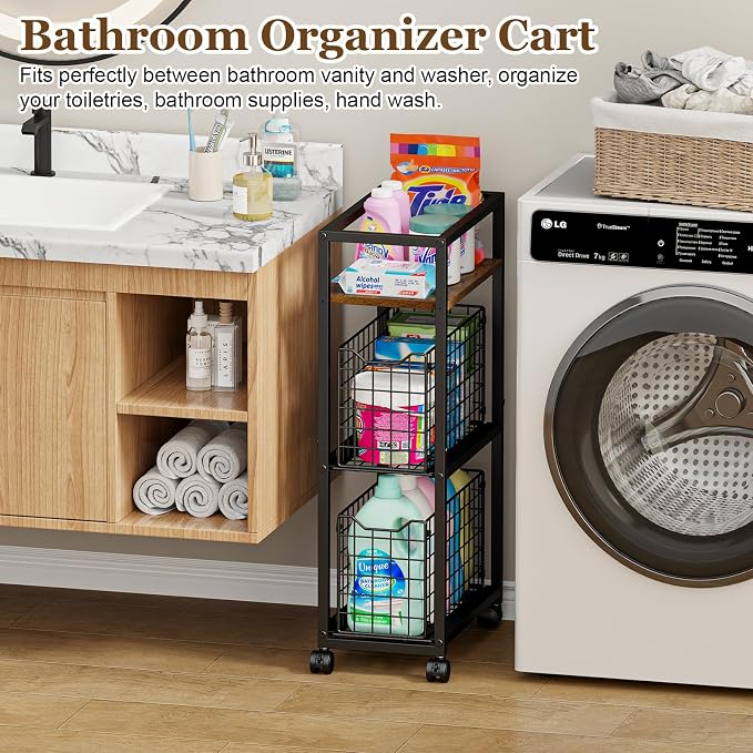Hongtamoya 3 Tier Laundry Room Cart with Pull-Out Baskets, Utility Slim Storage Cart with Wheels Small Rolling Cart with Wood Top Metal Narrow Bathroom Laundry Room Organization Trolley, Black - Image 4