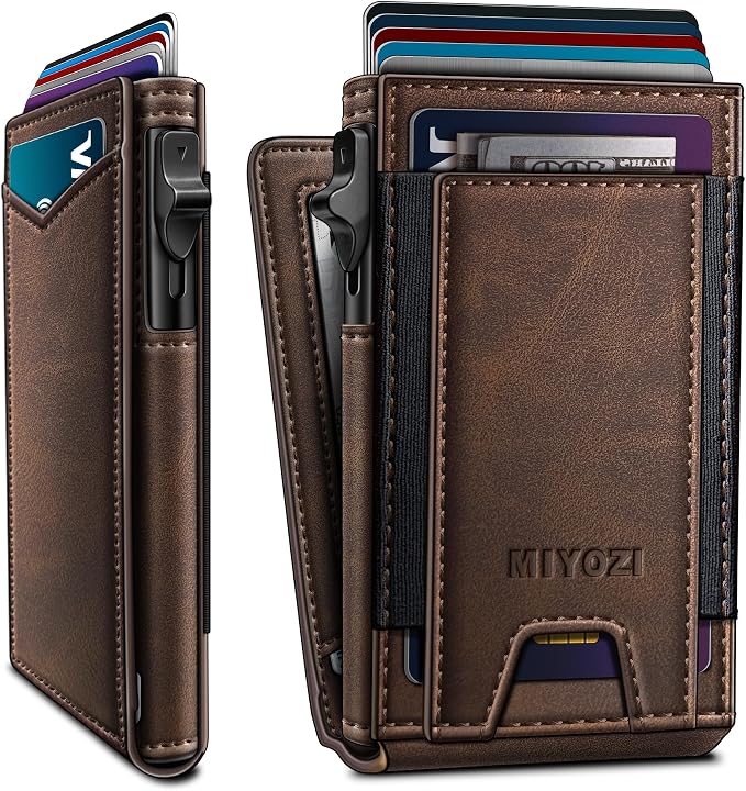 Wallet for Men, Slim Pop Up Card Holder - RFID Blocking Minimalist Bifold Wallet with ID Window, Holds 9-11 Cards & Stretchable Strap, Metal Flip Case with Magnetic Closure, Gift Box by Miyozi