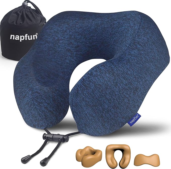 napfun Neck Pillow for Travel, Memory Foam Airplane Pillow, Full Dark Blue | 360° Neck Support, Upgraded 100% Memory Foam for Airplane, Car, Train, Bus, Office Sleep, Travel Essentials for Long Flights by NAPFUN