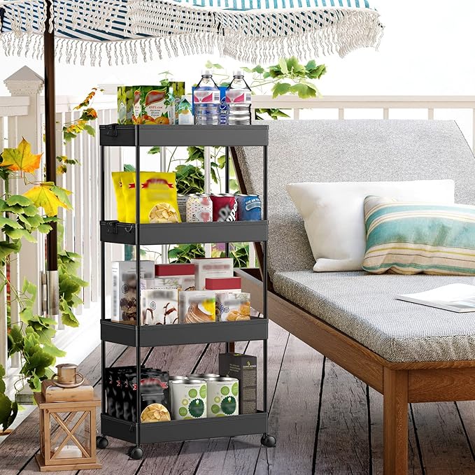 SPACEKEEPER Storage Cart 4-Tier, Bathroom Rolling Cart Utility Storage Organizer Shelf Mobile Shelving Unit for Kitchen Living Room Bathroom Laundry Room & Dressers, Black | Mobile Storage Cart for Laundry Room Organization,Kitchen,Office,Bathroom, Uti... - Image 6