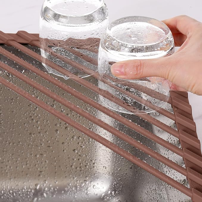 Tomorotec Triangle Roll Up Dish Drying Rack with Silicone Coating, Brown | 304 Stainless Steel with BPA-Free Silicone, Triangle Design Maximizes Sink Corner Space, Fits Compact Kitchens And RVs - Image 8