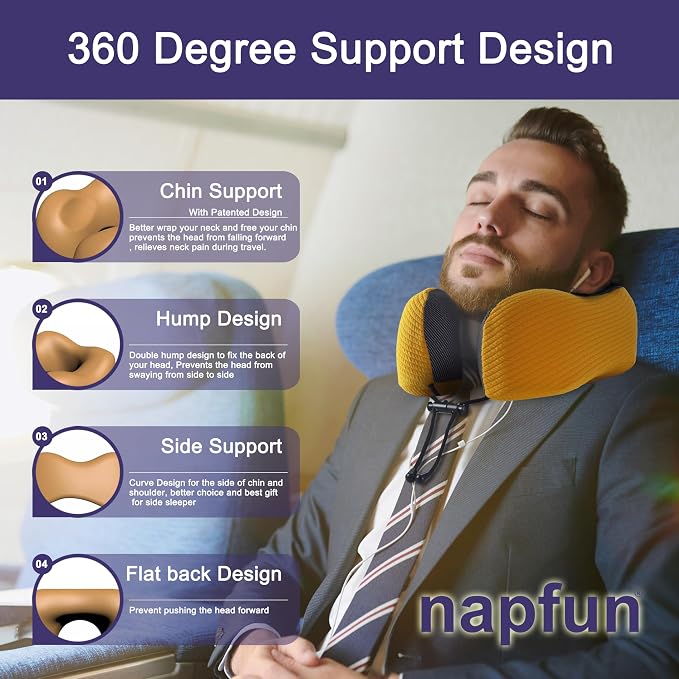 napfun Neck Pillow for Travel, Memory Foam Airplane Pillow, Yellow | 360° Neck Support, Upgraded 100% Memory Foam for Airplane, Car, Train, Bus, Office Sleep, Travel Essentials for Long Flights - Image 3