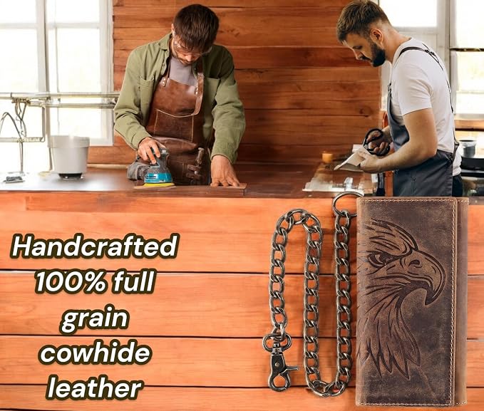 F&L CLASSIC RFID Blocking Mens Tri-fold Long Style Cowhide Leather Steel Chain Wallet,brown eagle head,212-102 - Image 6