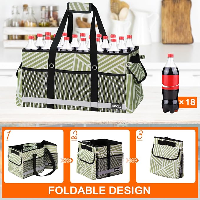Upgrade Extra Large Utility Tote Bag with Reflective Strip, Standing Reusable Grocery Bags with Hard Bottom, Collapsible Utility Tote with Handles for Shopping, Beach, Picnics, Car, Twill Green - Image 4