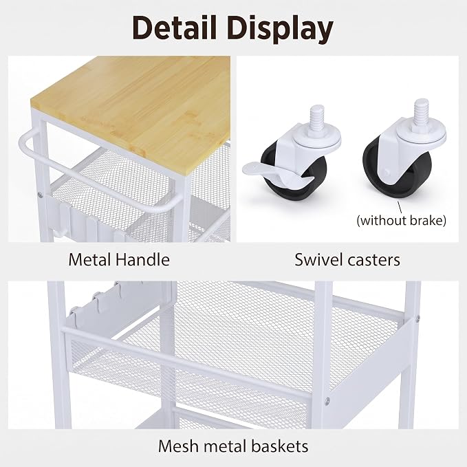 Rolling Utility Cart, 4 Tier 11.8" Wide Metal Storage Cart with Handle and Wood Top, Multifunctional Mobile Shelf Unit Organizer Trolley for Laundry, Bathroom, Kitchen - Image 5