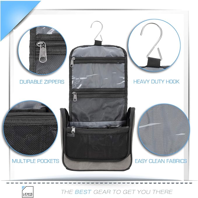 Lewis N. Clark Brushed Twill Hanging Toiletry Kit Bag for Travel Accessories, Shampoo, Cosmetics + Personal Items, Gray - Image 8