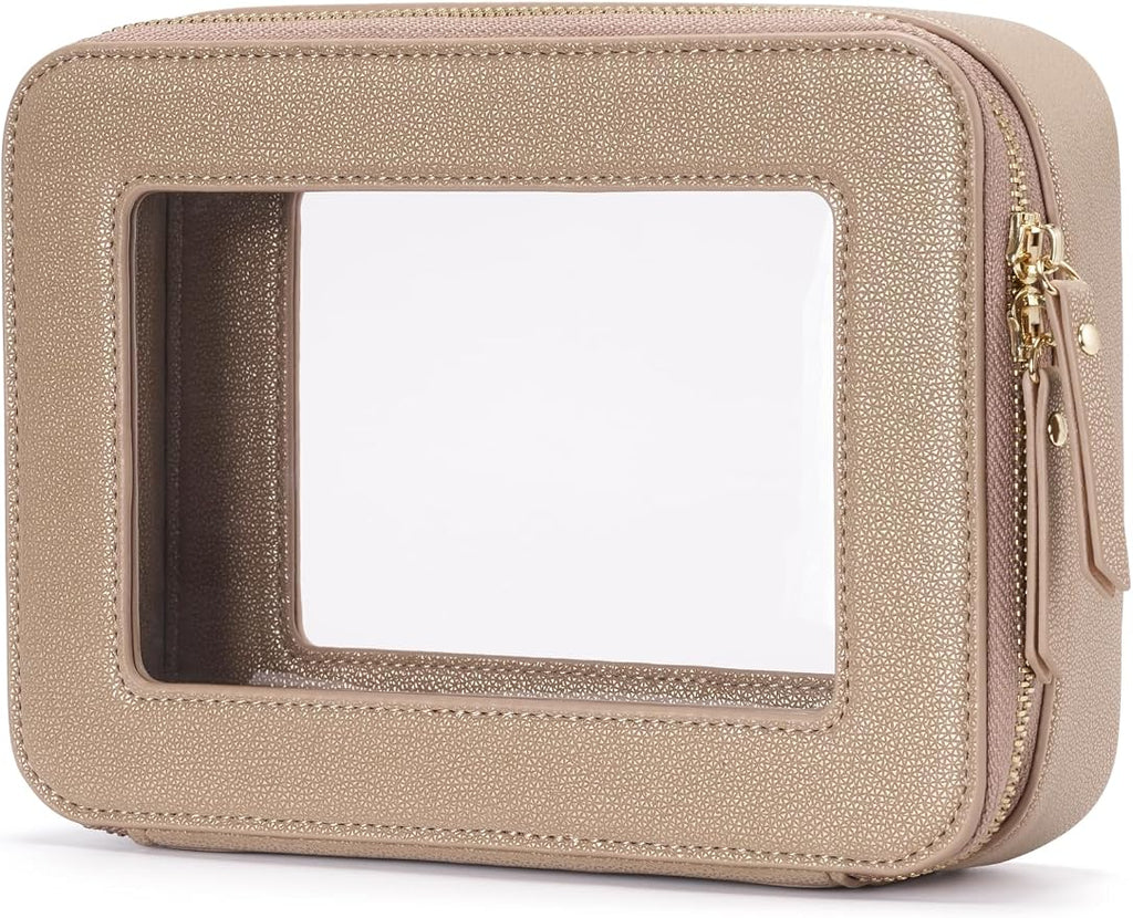 Clear Makeup Bag Travel Cosmetic Case Transparent Toiletry Bag with Zipper, Portable Make Up Organizer Traveling Compact Car Bag for Essentials, Gold, Medium by POPVIBE