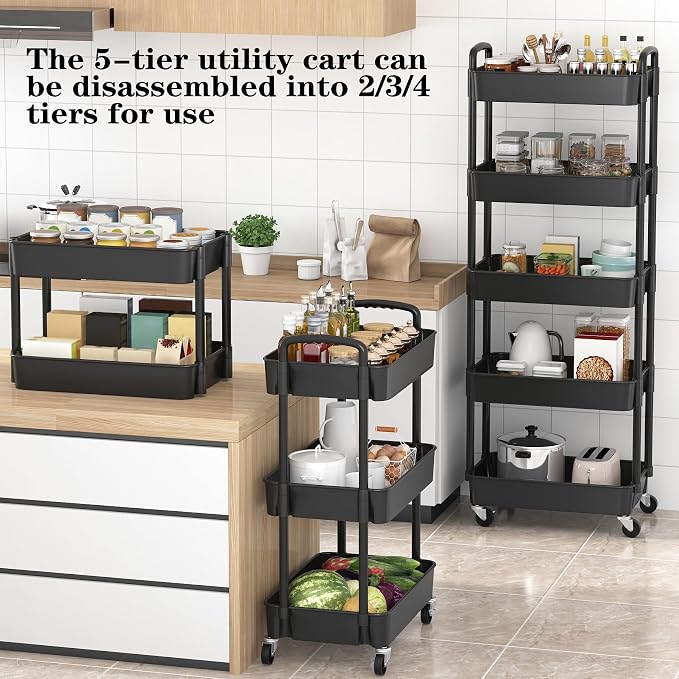 Sywhitta 5-Tier Plastic Rolling Utility Cart with Wheels,Black | Multi-Functional Storage Trolley, for Office, Living Room, Kitchen, Bathroom,Movable Organizer,Space-Saving,Easy to assemble - Image 2