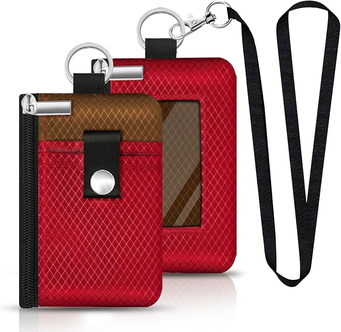 Minimalist RFID Blocking Small Wallet with ID Window,WaterResistant Zip Id Case Wallet with Lanyard Keychain for Cards,Cash,Travel,Women,Men (Red/Brown) by CCUMI