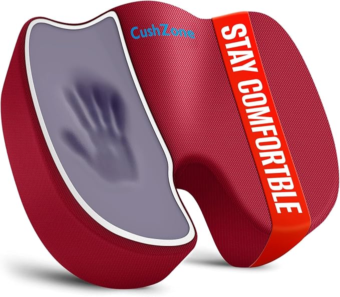 CushZone XXL Memory Foam Seat Cushion for Office & Car, Red | U-shaped Coccyx Cutout, Contoured Design, Breathable Removable Mesh Cover, Non-Slip Base, Carry Handle by CushZone