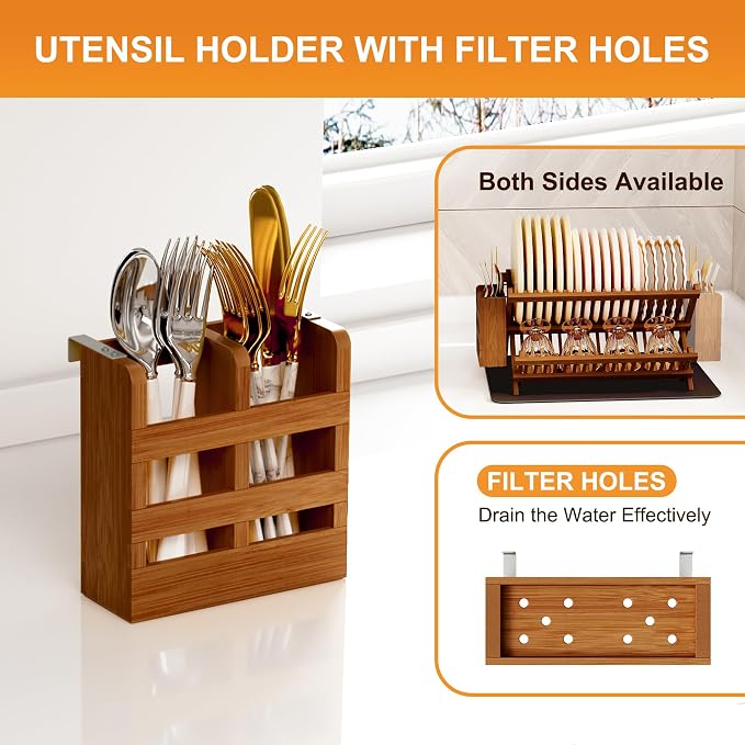 Greenual Teak Dish Drying Rack with Utensil Holder, 2 Tier Collapsible Dish Rack, Wooden Dish Racks for Kitchen Counter, Folding Drying Holder with Absorbent Dish Drying Mat - Image 3