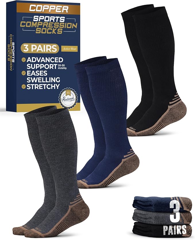 Pembrook 3 Pairs Copper Mens Compression Socks 20-30 mmHg, Running, Hiking, Athletic Cycling, Travel | Circulation Support by Pembrook