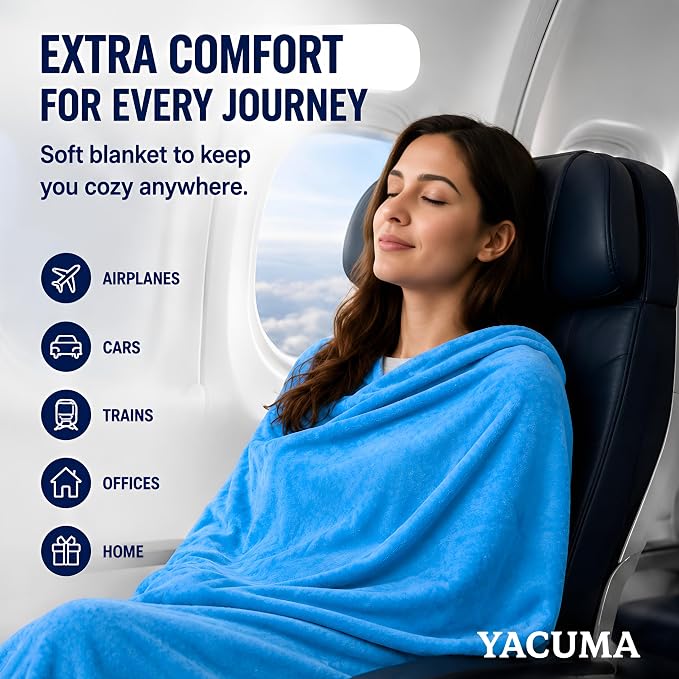 Travel Blanket Airplane, Soft 40" x 60" Flannel Travel Blanket, Lightweight Compact Blanket for Flights, Car Trips, Home & Office, Includes Carrying Pouch, Blue - Image 3