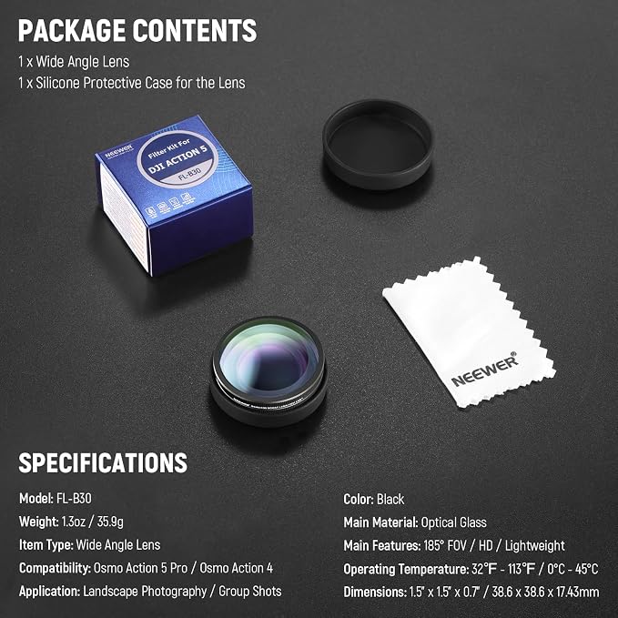 NEEWER OSMO Action FOV Boost Lens, 185° FOV Wide Angle Lens Compatible with DJI OSMO Action 4/5 Pro Accessories, Threaded Attachment Coated Action Camera Lens, FL-B30 - Image 7