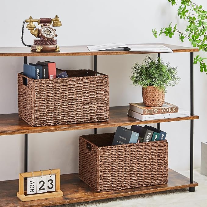 Wicker Storage Basket, Set of 2 Hand-Woven Paper Rope Wicker Basket, Small Storage Baskets for Organizing Toilet Paper Basket, Foldable Large Cube Storage Organizer Bins for Shelves (Brown) - Image 3