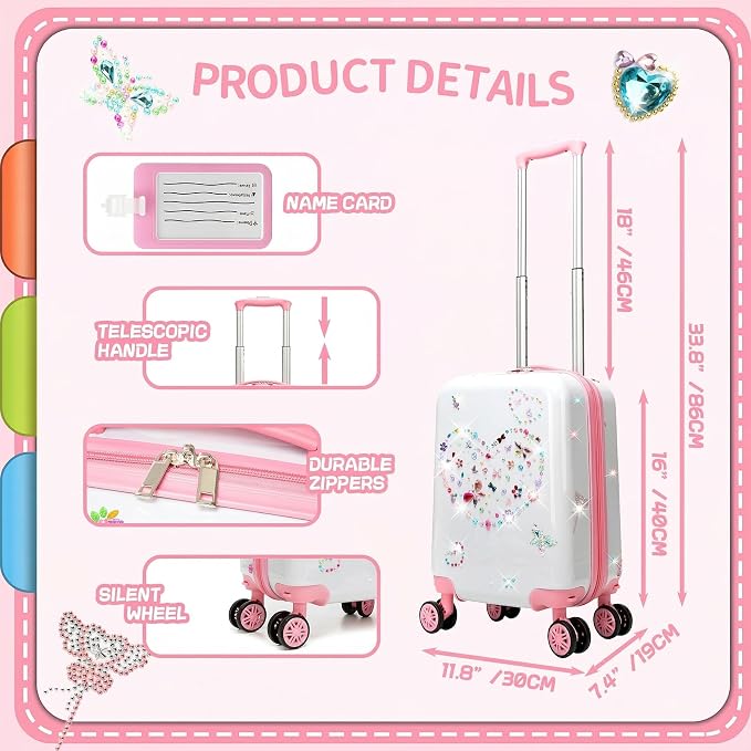 Kids Luggage Sets 2 Piece Pink Rolling Suitcases for Girls with Wheel Shardshell 16" Travel Suitcase with 10 Sheets Gem Stickers - Image 5