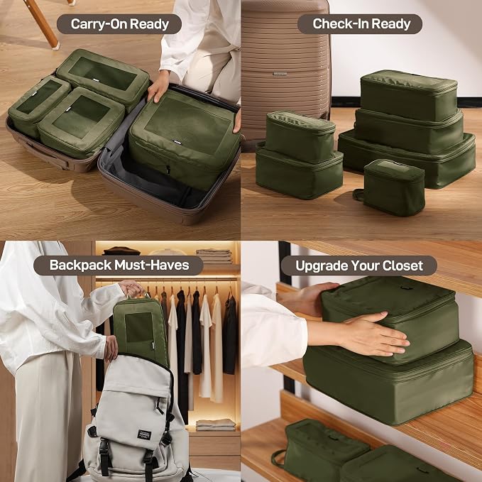 EPICKA TripCozy Compression Packing Cubes, 4 Set, Olive Green | Durable Expandable Travel Organizer Bags with Mesh Tops for Space-Saving Storage of Clothes & Accessories in Luggage - Image 3