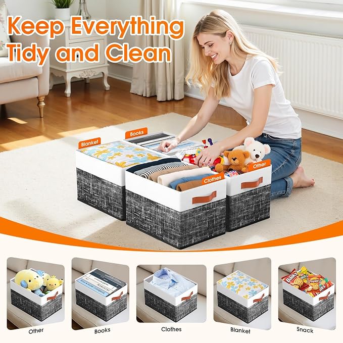 Collapsible Storage Baskets for Shelves,14"x10", 6 Pack Foldable Fabric Storage Bins with Double Leather Handles, Large Baskets for Organizing Books, Clothes, White & Black - Image 3