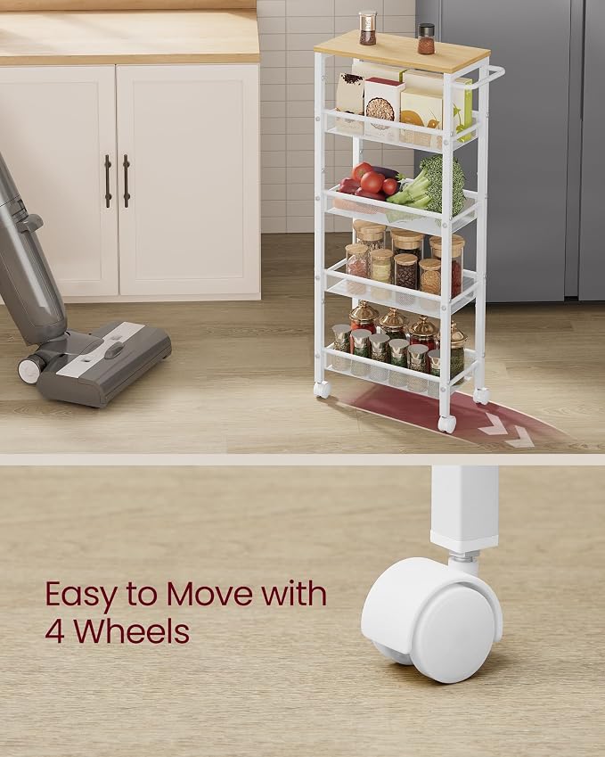 VASAGLE Slim Rolling Cart, 5-Tier Storage Cart, Narrow Cart with Handle, 8.7 Inches Deep, Metal Frame, for Kitchen, Dining Room, Living Room, Home Office, Oak Beige and Classic White ULRC035W09 - Image 8