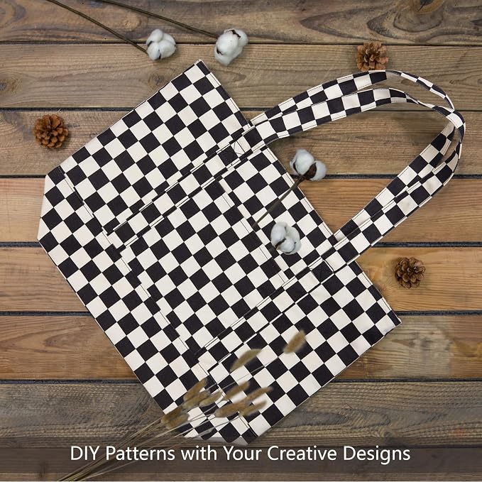TOPDesign 1-Pack Canvas Tote Bag with an External Pocket, Reusable Grocery Shopping Bag, Top Zipper Closure, Daily Essentials (Checkerboard) - Image 2