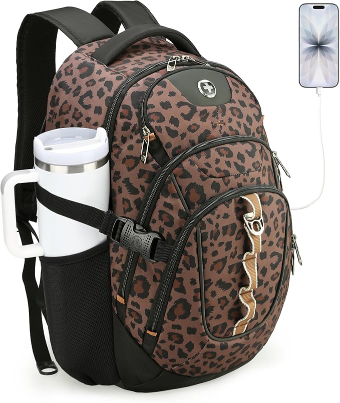 Swissdigital Laptop Backpack, Brown Leopard, SD803-103 | USB Charging Port, Travel Backpack, 31l Capacity, Backpack For Men and Women by SwissdigitalDesign
