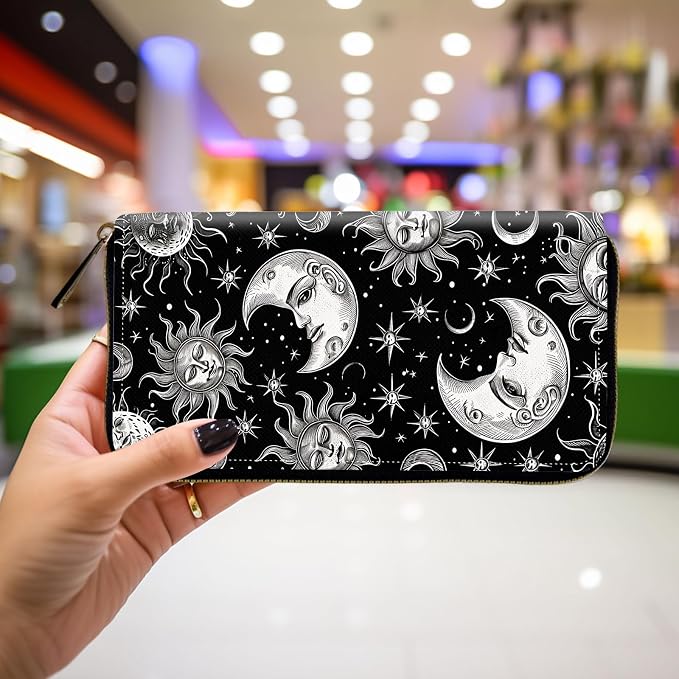 Wallet,Leather Long Wallet Suitable For Ladies And Teenagers - Detachable Wristband + RFID Travel Wallet With Card Slot - Vintage Sun Moon Stars - Image 4